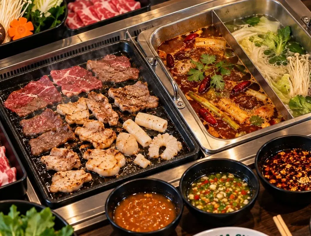 A full table: meats and seafood on the grill, a split pot of spicy and clear broth, and dipping sauces in front