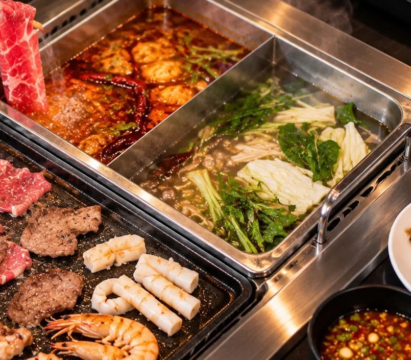 Sliced beef being dipped into a split pot of chilli and clear broth, beside a grill of beef, squid and prawns