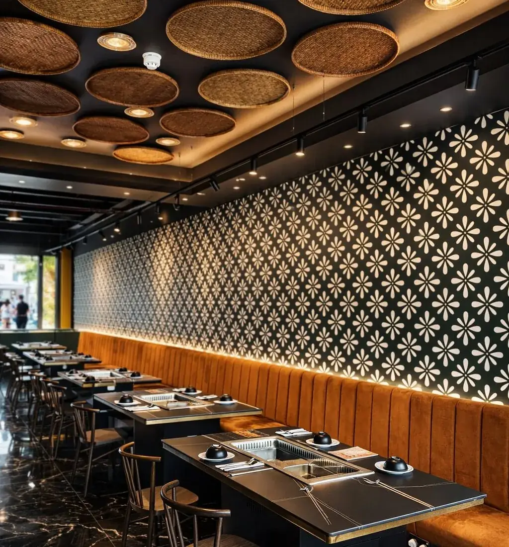 A long caramel velvet banquette under a black and white flower wall and a ceiling of woven rattan discs