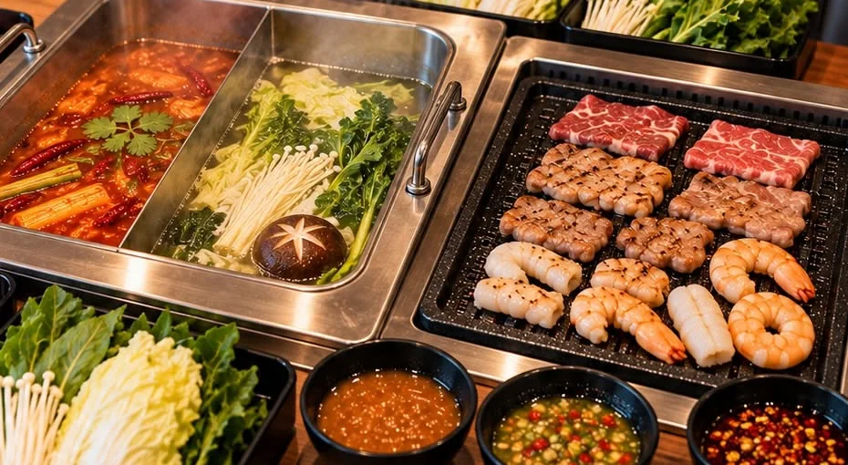 A split pot of chilli and clear broth next to a grill, with trays of sliced meat, greens and mushrooms around it